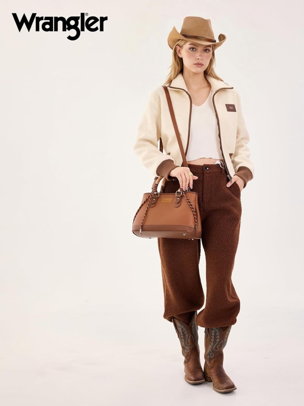 Wrangler Brown Leather Satchel with Braided Rope Handles - Picture 3 of 8